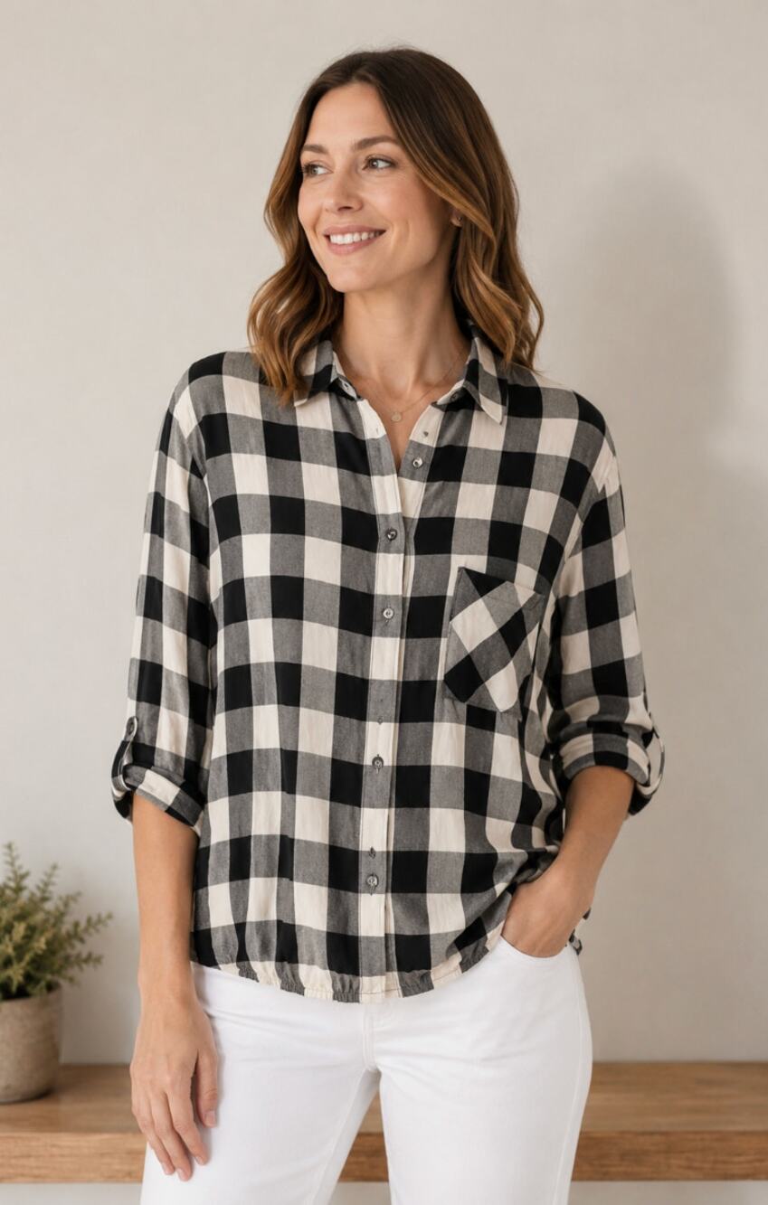 J. Jill Black White Gingham Button Up Shirt Women's Relaxed Blouse Old Money
